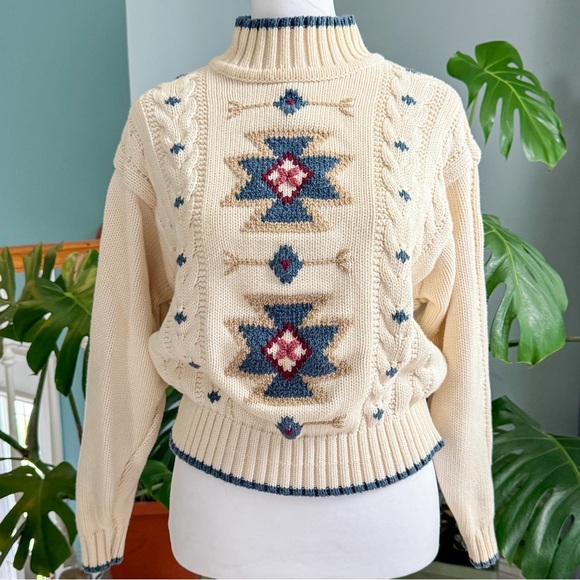 Cream and Blue Patterned Women's Sweater - Picture 8 of 8
